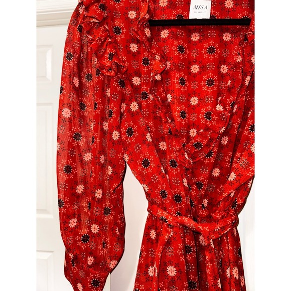 MISA Los Angeles Floral Print Mini Dress Ruffle Trim Long‎ Sleeve Red XL - Picture 11 of 14